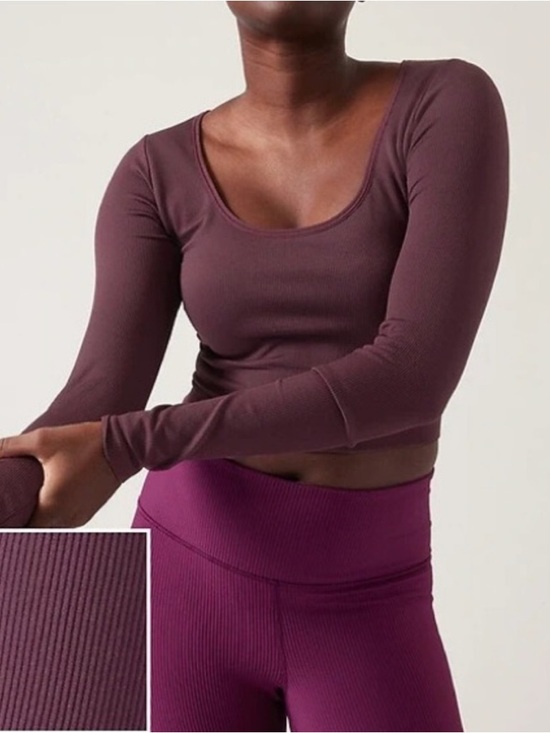 Athleta Tops - Athleta Aurora Seamless Long Sleeve Plum Burgundy Scoop Neck Crop Medium Ribbed